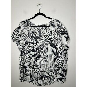 Tahari 100% Linen Black White Floral Summer Short Sleeve Top Size 1X